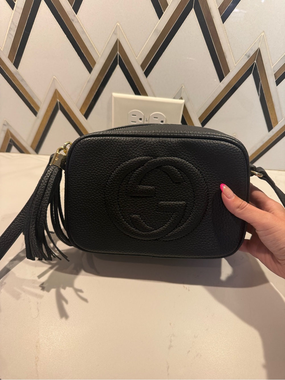 Black Pebbled Pleather Crossbody Camera Bag with Tassel